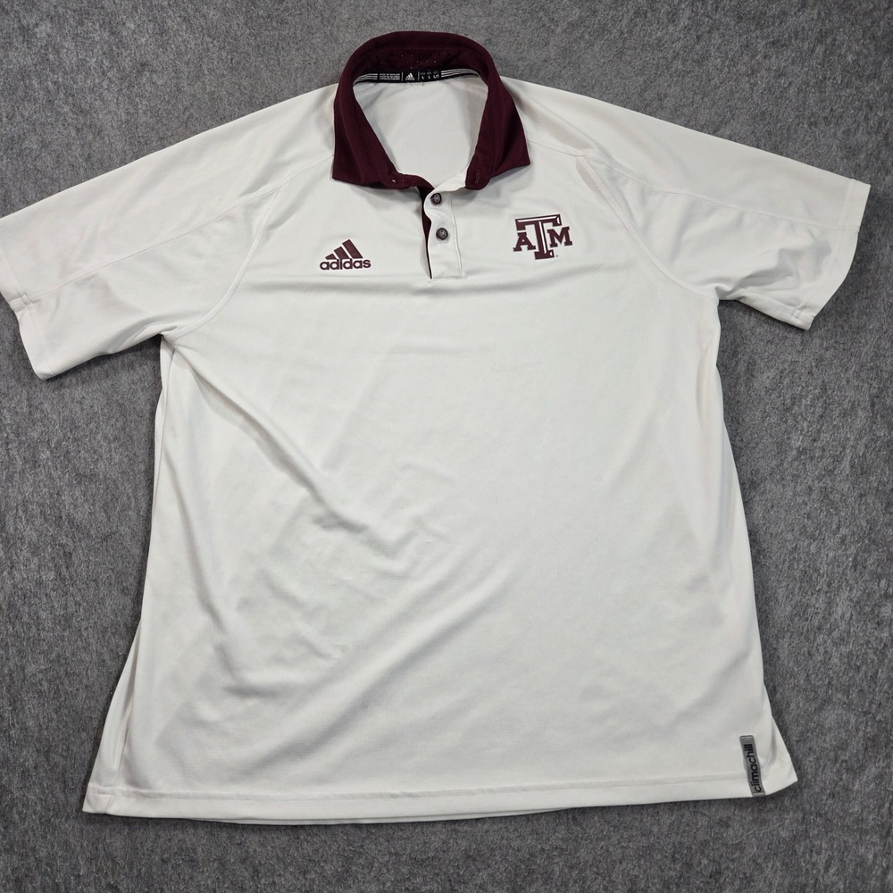 Texas A&M Aggies Polo Shirt Mens Large White Maroon ATM Logo Adidas Climachill